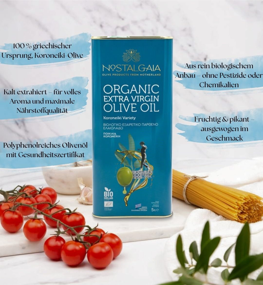 NOSTALGAIA 5 Litres Bio Huile d'Olive Vierge Extra Grecque – 100% Koroneiki, Extraite à Froid, Riche en Polyphénols, Récolte Fraîche 2025/2026, Qualité Supérieure, Bidon de 5L