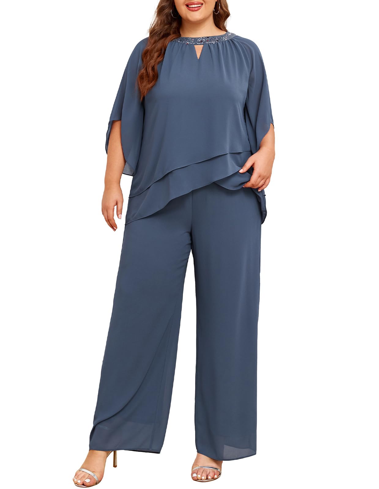 Hanna Nikole Traje de pantalón para mujer, tallas grandes, 2 piezas, conjuntos de traje de noche de dos piezas, camisa de gasa y cintura alta, traje de pantalón elegante, traje de cóctel, fiesta