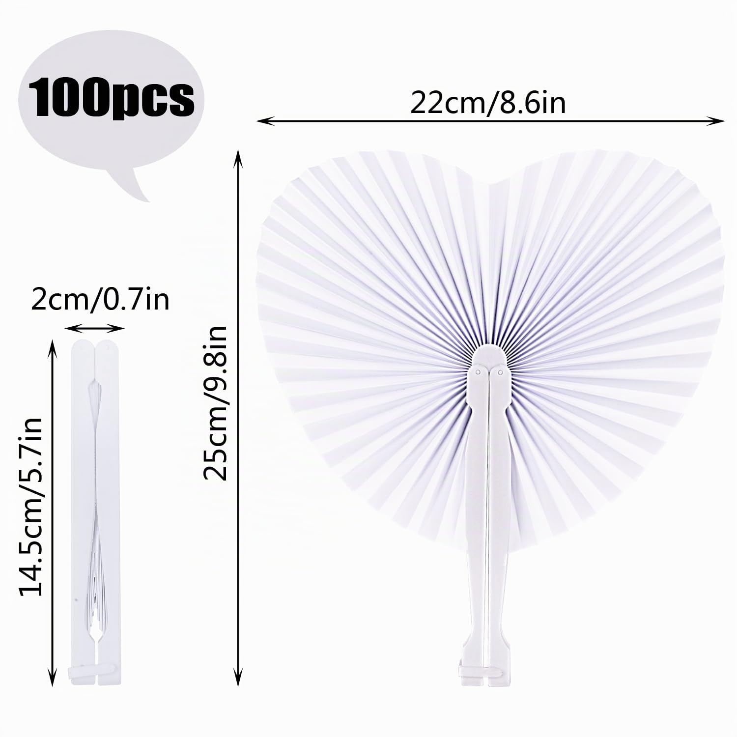 Lot de 100 fans de mariage en forme de cœur, blancs, beaux ventilateurs en forme de cœur, décoration de mariage ou cadeau pour les invités