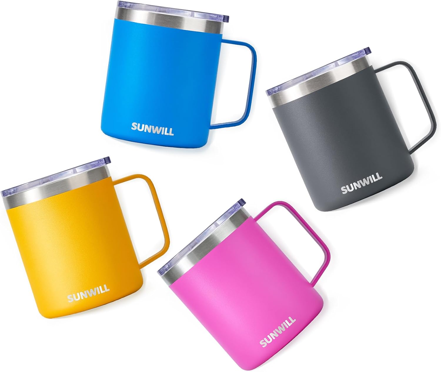 SUNWILL Travel Coffee Mugs Set of 4, Insulated Tumbler with Lid, 14oz Stainless Steel Cup with Handle Bulk for Gift, Camping, Office, Powder Coated Charcoal, Royal Blue, Magenta, Yellow - Image 6