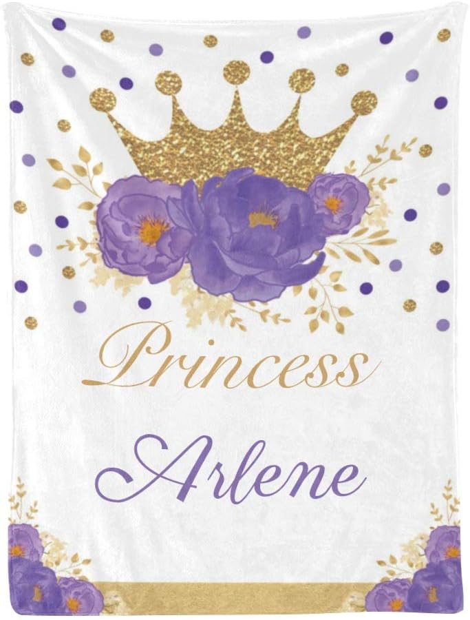 Princess Violet FloralGold Crown Personalized Receiving Baby Blankets for Girls with Name,Customized Swaddle Blankets Gift for Newborn Crib Infants 30x40 Inches