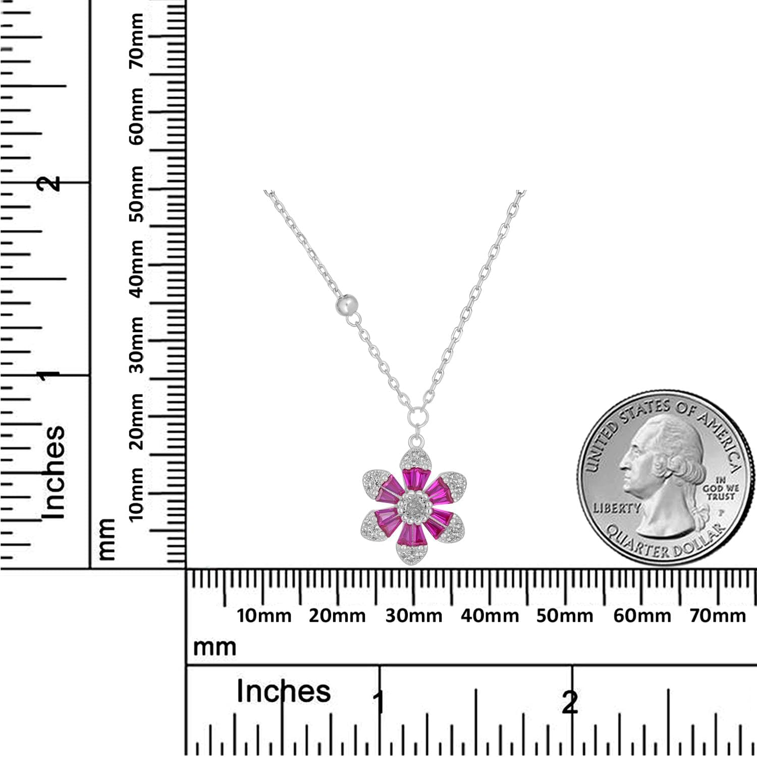 925 Sterling Silver Rhodium Plated Pink Crystal Flower Pendant Necklace, Cubic Zirconias, 16 Inch Chain - Image 6