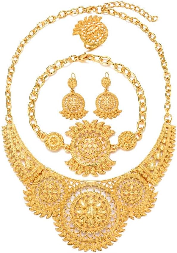 Sajayea African Jewelry for Women 24K Gold Plated Jewelry Sets Earrings Bracelet Ring Set African Wedding Bridal Gifts