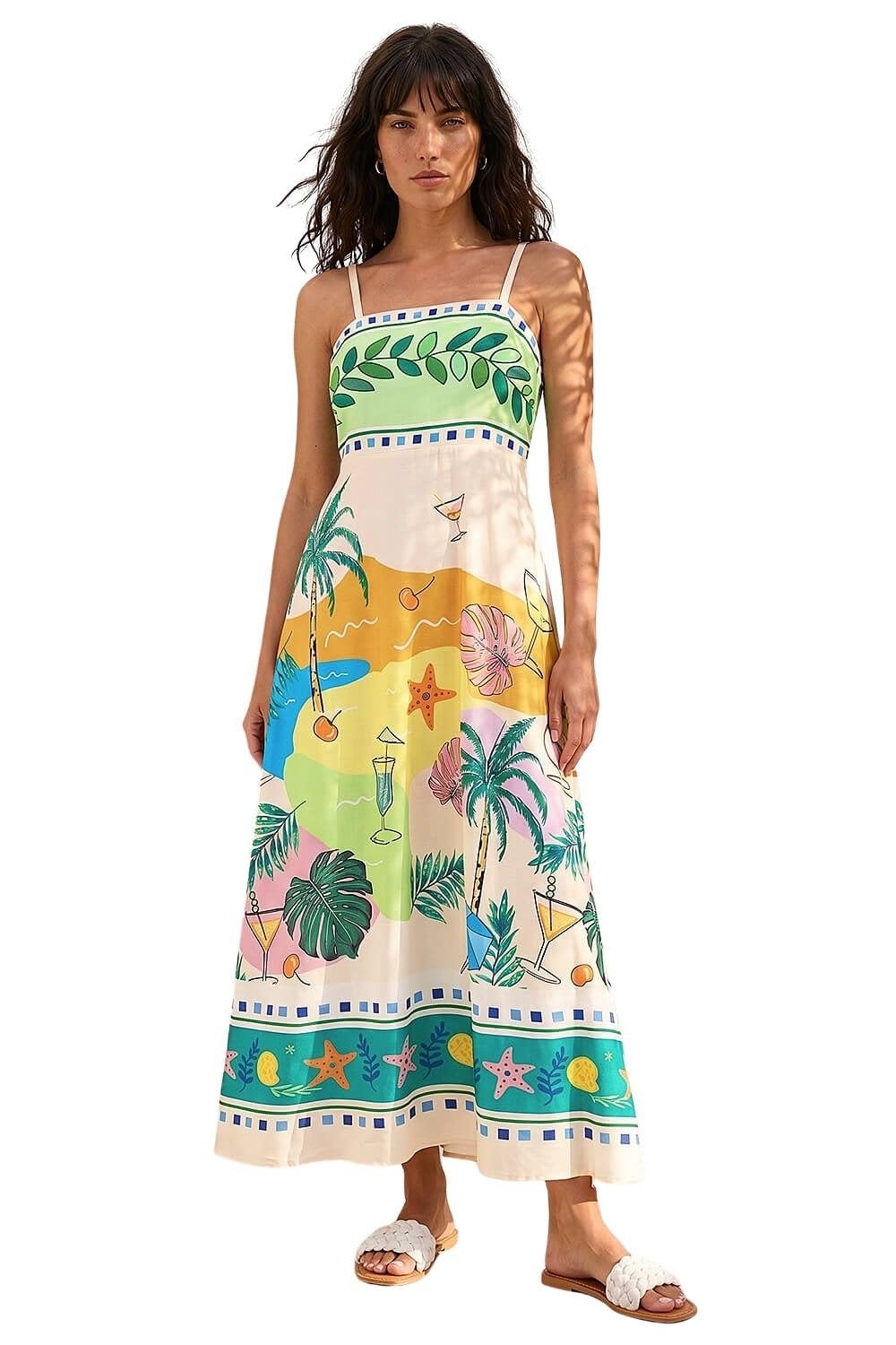 Roman Women's Ivory Beach Print Strappy Midi Dress Size 10
