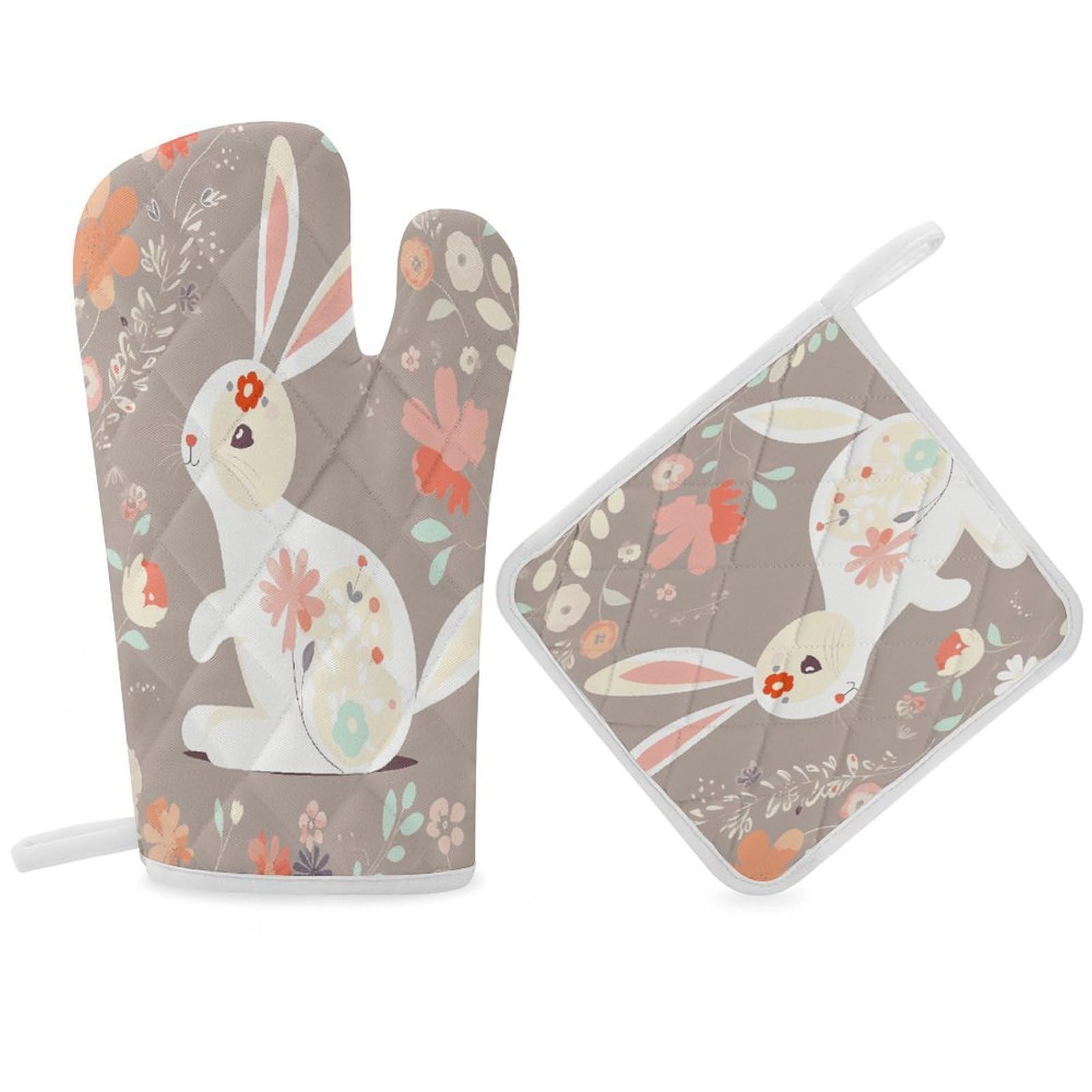 Fodpand Women's Style Easter Bunny Floral Oven Mitts And Pot Holders Sets,Oven Gloves For Kitchen Oven Mitts And Potholders For Baking Cooking Grilling Apartment Essentials
