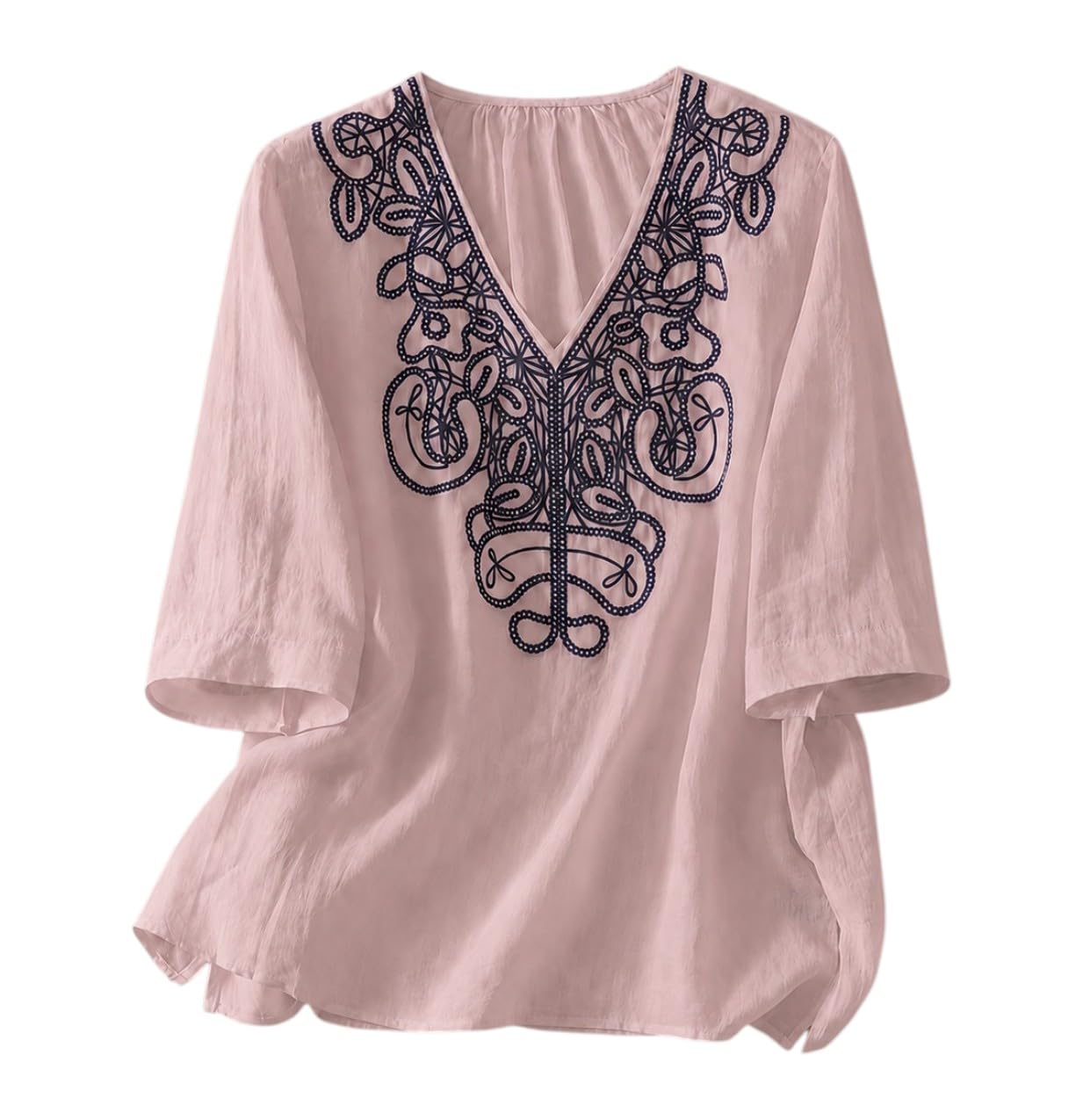 RIEKA Womens Tunic Top with Floral Embroidery V Neck 3/4 Sleeve Relaxed Fit Casual Ethnic Fusion Top Lightweight Sheer Fabric Everyday Wear for Women-picture-49