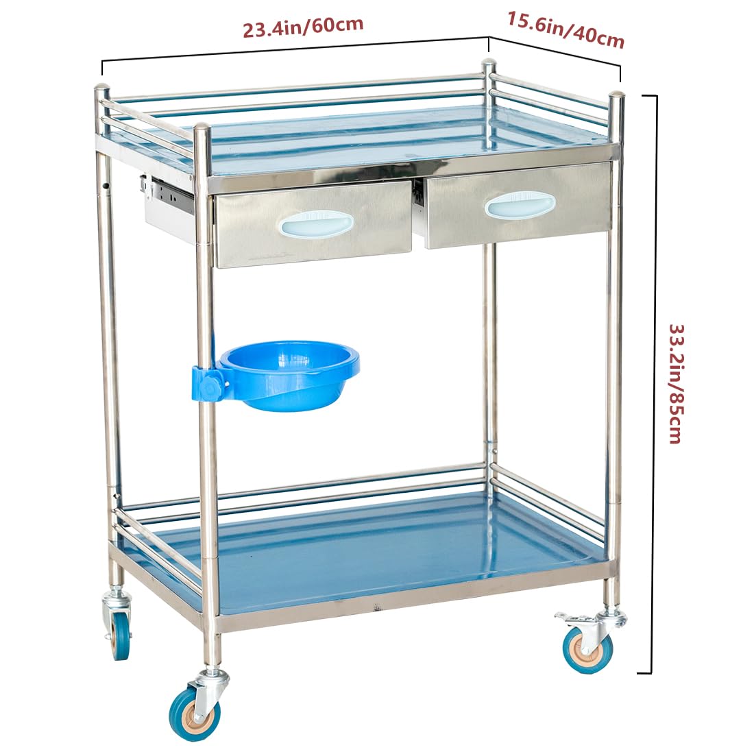 Chariot de service avec tiroirs, chariot de laboratoire en acier inoxydable, chariot de rangement à 2 étages, chariot de rangement avec roulettes, chariot de cuisine, chariot de laboratoire,