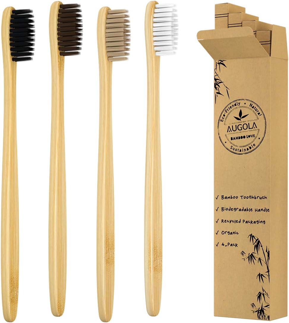 Bamboo Toothbrushes | Family 4 Pack | Eco-Friendly & Natural Organic Wooden Toothbrush| Biodegradable | BPA Free | Medium Soft Bristles Toothbrushes, Perfect eco Gifts for Home and Travel