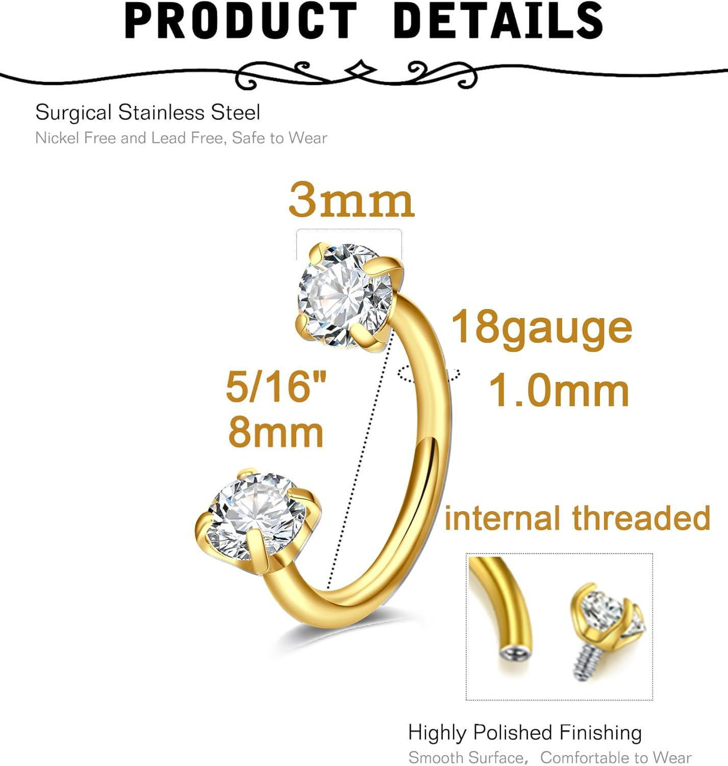MODRSA Gold Cartilage Earrings for Women Gold Helix Piercing Jewelry Small Opal Tragus Hoop Earring Cartilage Hoop Second Hole Earrings for Women 18g Septum Ring 18g Horseshoe Nose Ring Hoops 8mm - Image 3