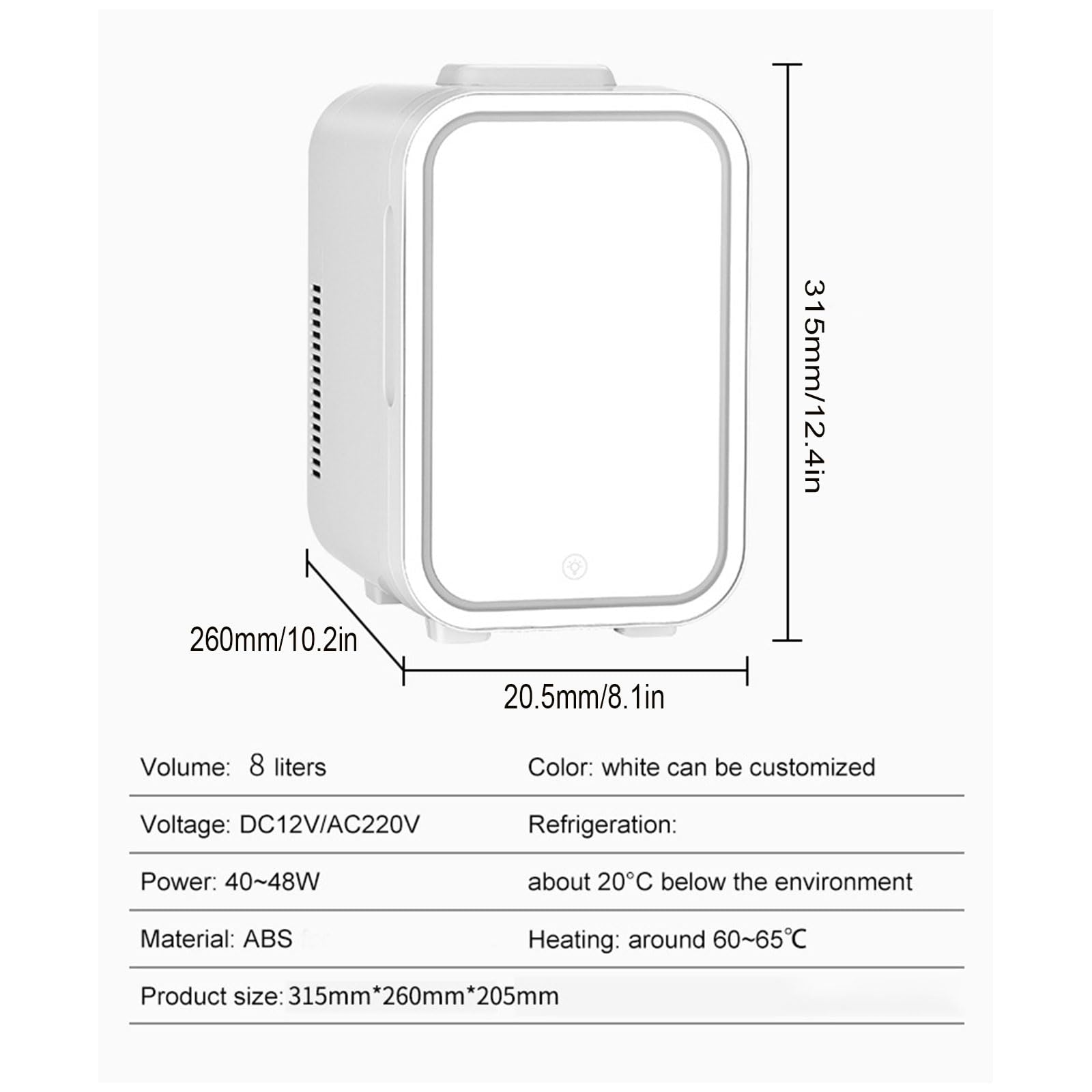 UNYQBFKM Mini Fridge, Portable Small Refrigerator with LED Light Mirror 8L/8 Can Cooler & Warmer Compact Fridges for SkinCare, Food and Drinks, Bedroom, Dorm, Car, Office