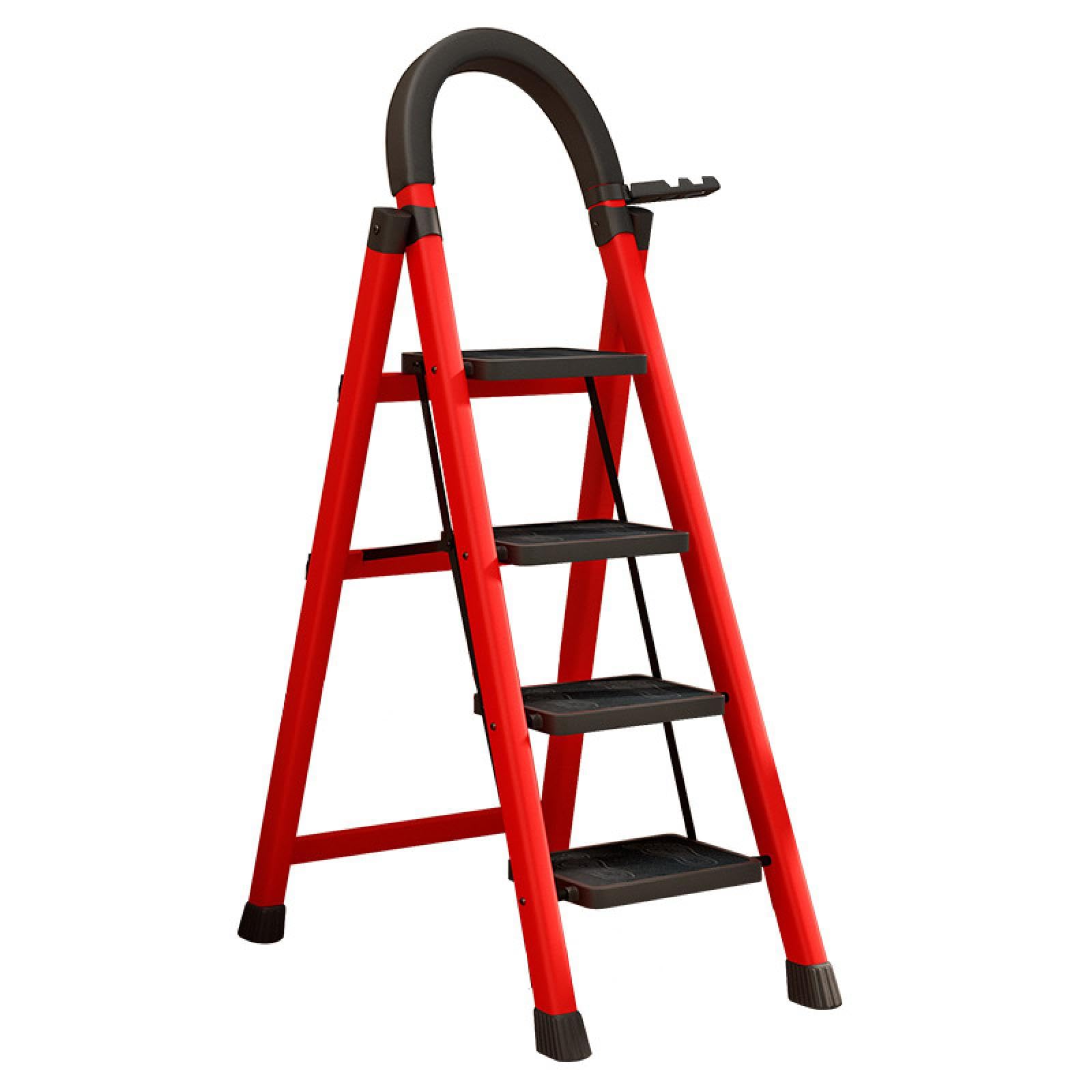 Round Headed 4 Step Ladder,Folding Step Stool,with Safety Buckle and Tool Rack,Lightweight,Easy to Hold and Move,Thicked and Widened Carbon Steel,Red,
