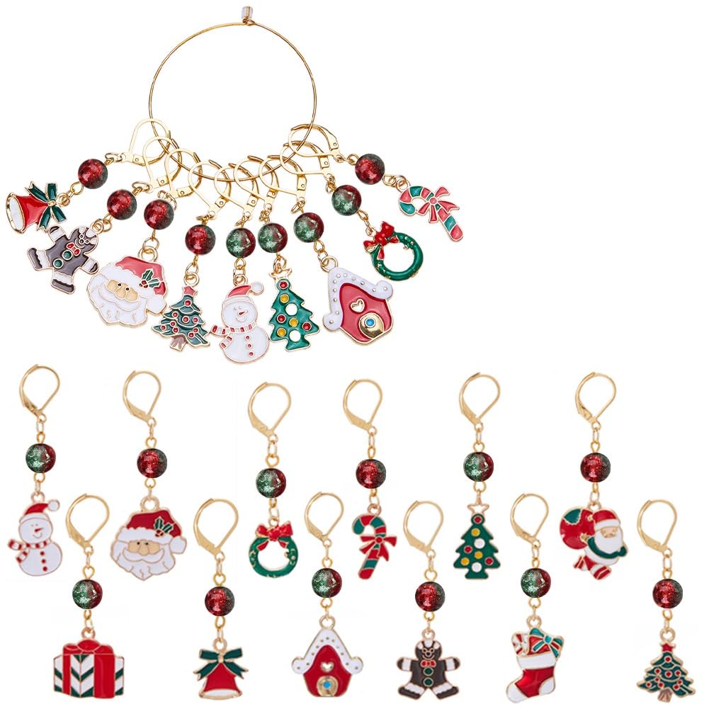 SUNNYCLUE 1 Box 24Pcs 12 Style Christmas Crochet Stitch Markers Stitch Marker Small Enamel Crochet Knitting Charms for Knitting Weaving Sewing Needleworks DIY Craft Supplies