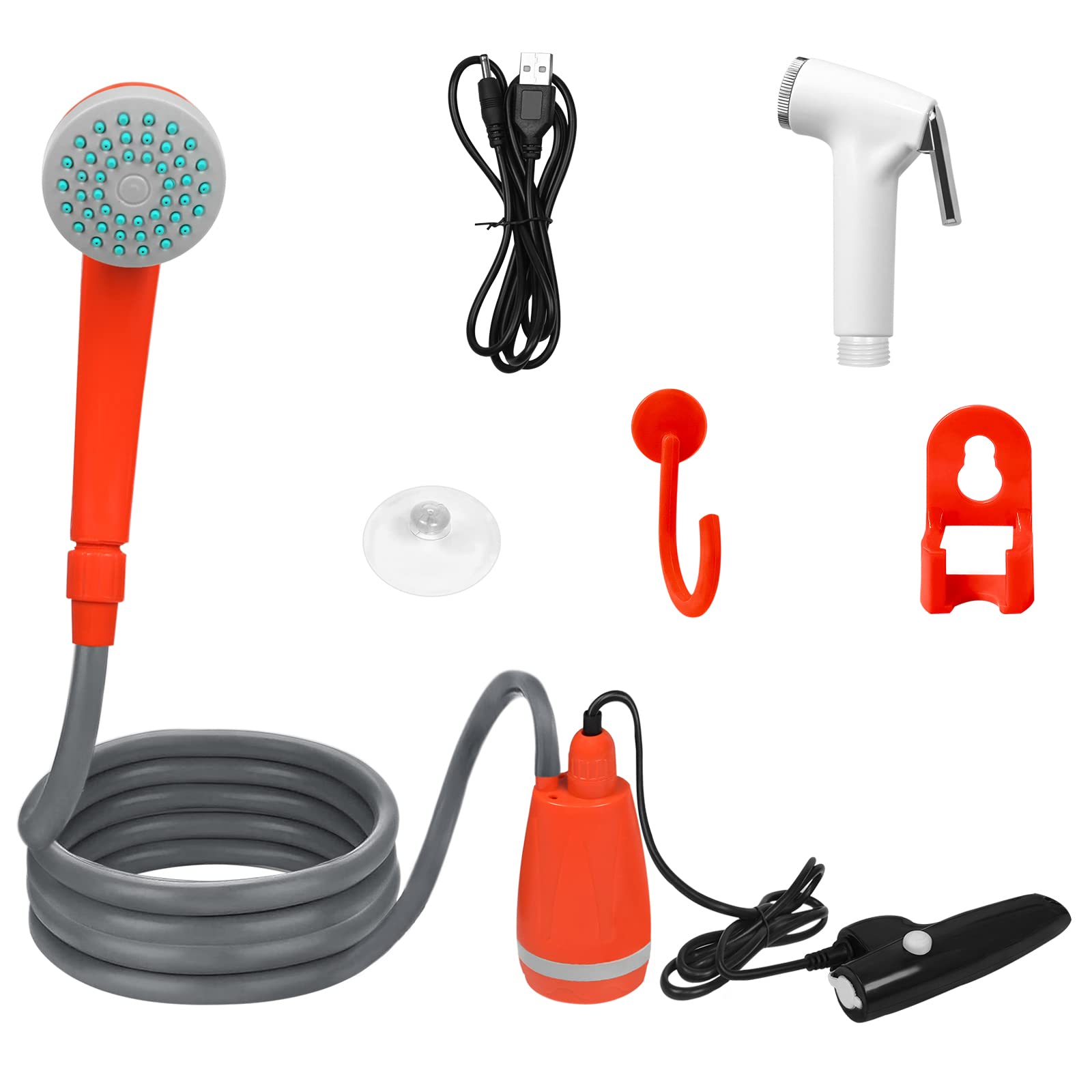 UISEBRT Ducha de camping con bomba de batería – Ducha portátil para camping al aire libre con bomba sumergible recargable, cable de carga USB, para jardín, playa, camping, viajes, lavado de coche,