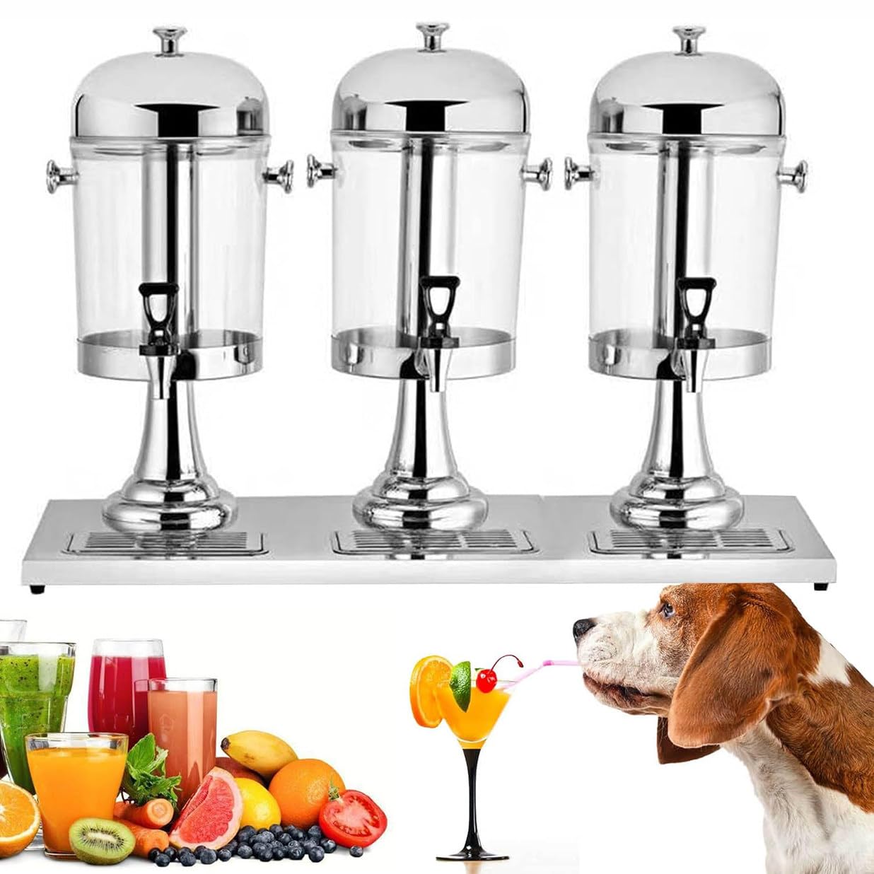 ASerZenith Cold Hot Juice Dispenser, Stainless Steel Clear Glass Drink Dispenser, Commercial Beverage Dispenser For Serving Cold Beverages, Cocktails, Water, Chilled Refreshments(Threehead24L-Silver)