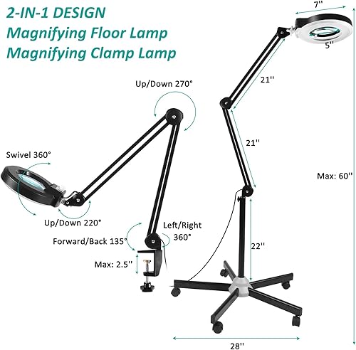 Miniatura 5 de Veemagni - Lupa 8X con luz y soporte, lámpara de pie con base rodante de 5 ruedas para tratamientos faciales, esteticistas de pestañas, 1500