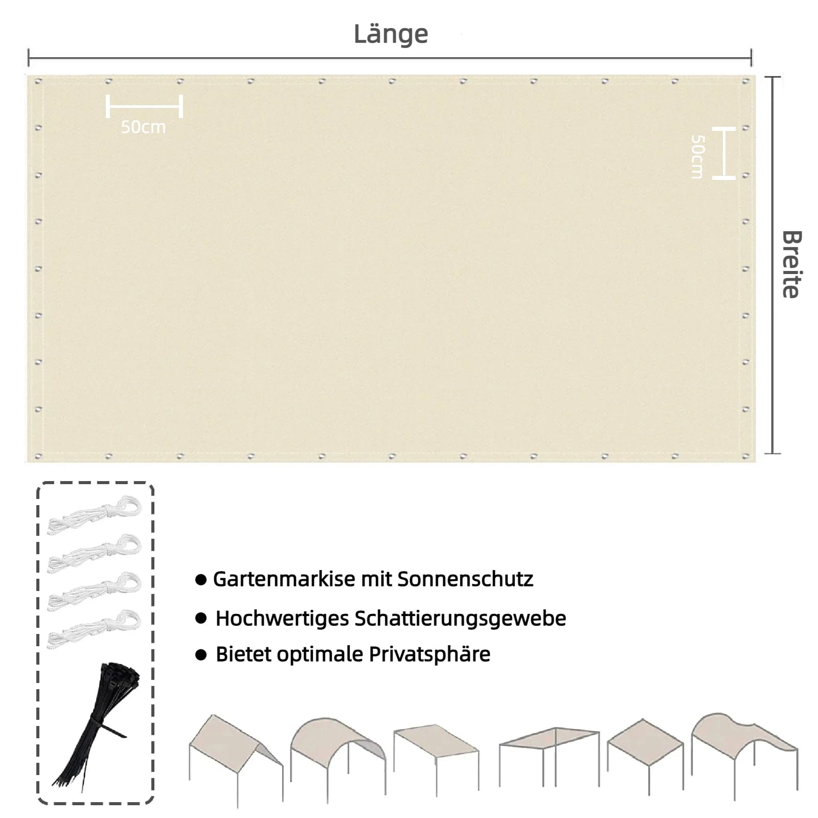 Sonnensegel Wasserdicht mit ösen 1x5m Rechteckig Windschutz und 98% UV-Schutz Reißfest Polyester Markisenstoff Sonnenschutz Balkon Mit Seil für Garten Terrasse Und Hellgrau Beige