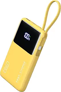 INIU 45W モバイルバッテリー 軽量 小型 大容量 10000mAh 急速充電 内蔵ケーブル付き PD QC【USB C入出力 残量表示 PSE認証済 パススルー機能】モバイル バッテリー 携帯充電器 アウトドア/防災/緊急用の必携品 iPhone 16 / 15 & Android iPad その他各種対応 日本語取扱説明書付き【イエロー】