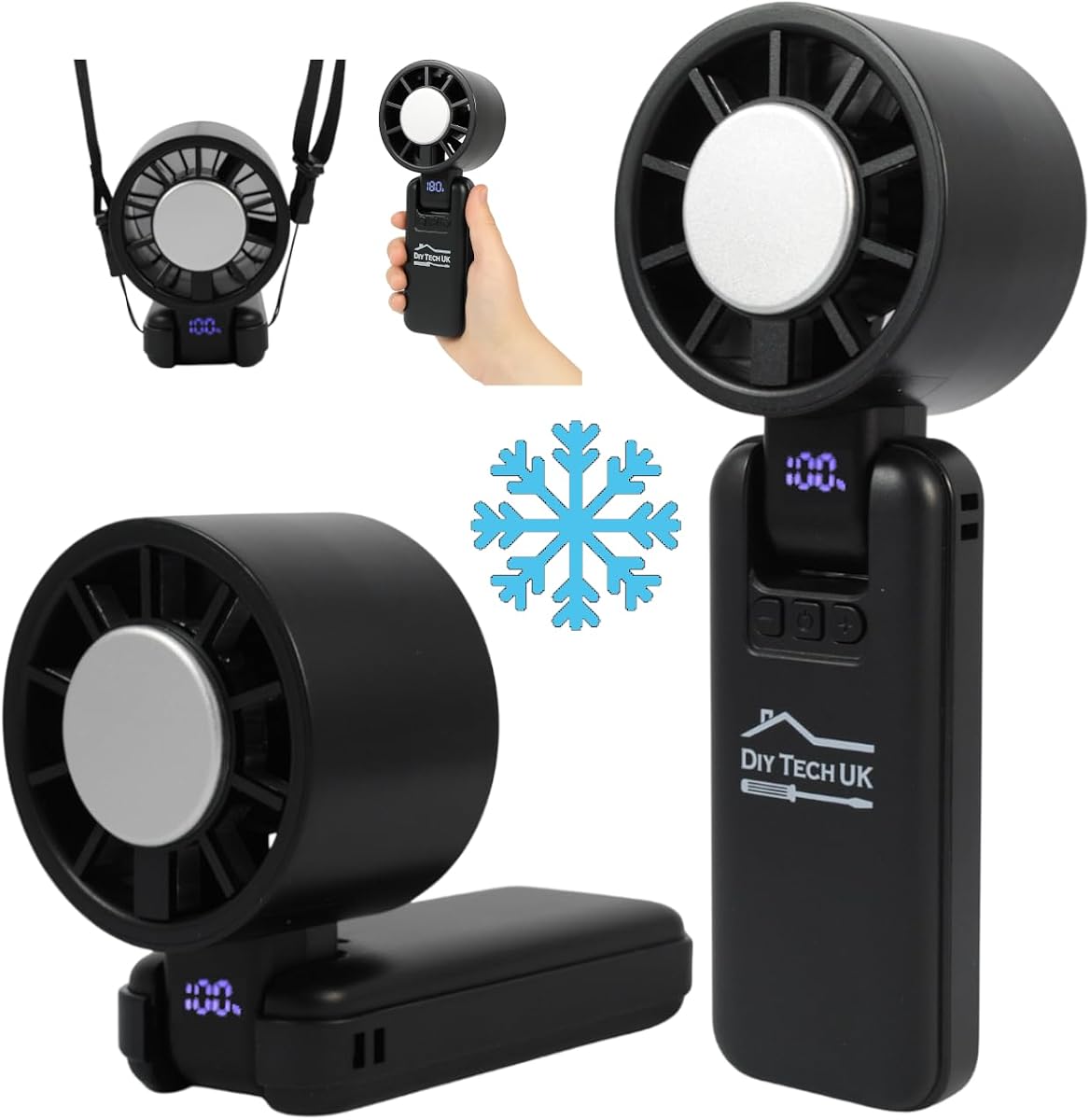 DIY TECH UK - CoolBlast Ice - 4 in 1 Handheld Rechargeable Fan - With Cooling Plate - Hand Held Folding Portable Fan - USB Battery Powered Mini Desktop Desk For Home Office Bedroom - Black