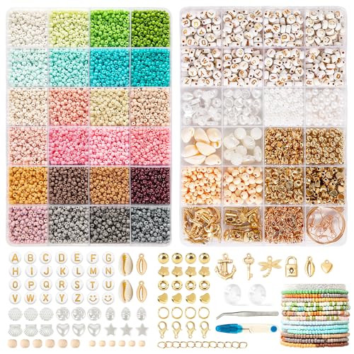 FEHCBIO Selber Machen Perlen für Armbänder 24 Farben Perlen Set 3mm,mit Holzperlen DIY Bastelset Armband Schmuckherstellungs Set für kinder und Erwachsene,Geschenkidee für Weihnachtsferien,Geburtstags