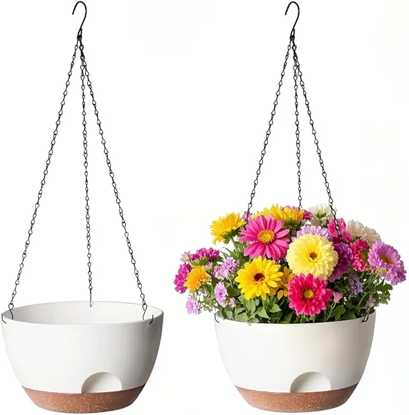 LESOASIS 12 Inch Hanging Baskets for Plants Outdoor, Hanging Planters for Indoor Outdoor Plants, Hanging Planter with Self Watering, Hanging Flower Pots (White)