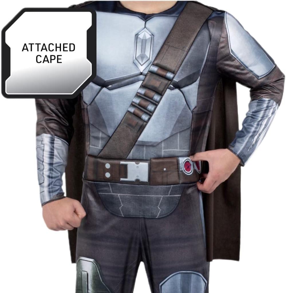 Jazwares Star Wars Mandalorian Adult Men's Halloween Cosplay Costume Padded Jumpsuit, Attached Cape, and Molded Half Mask