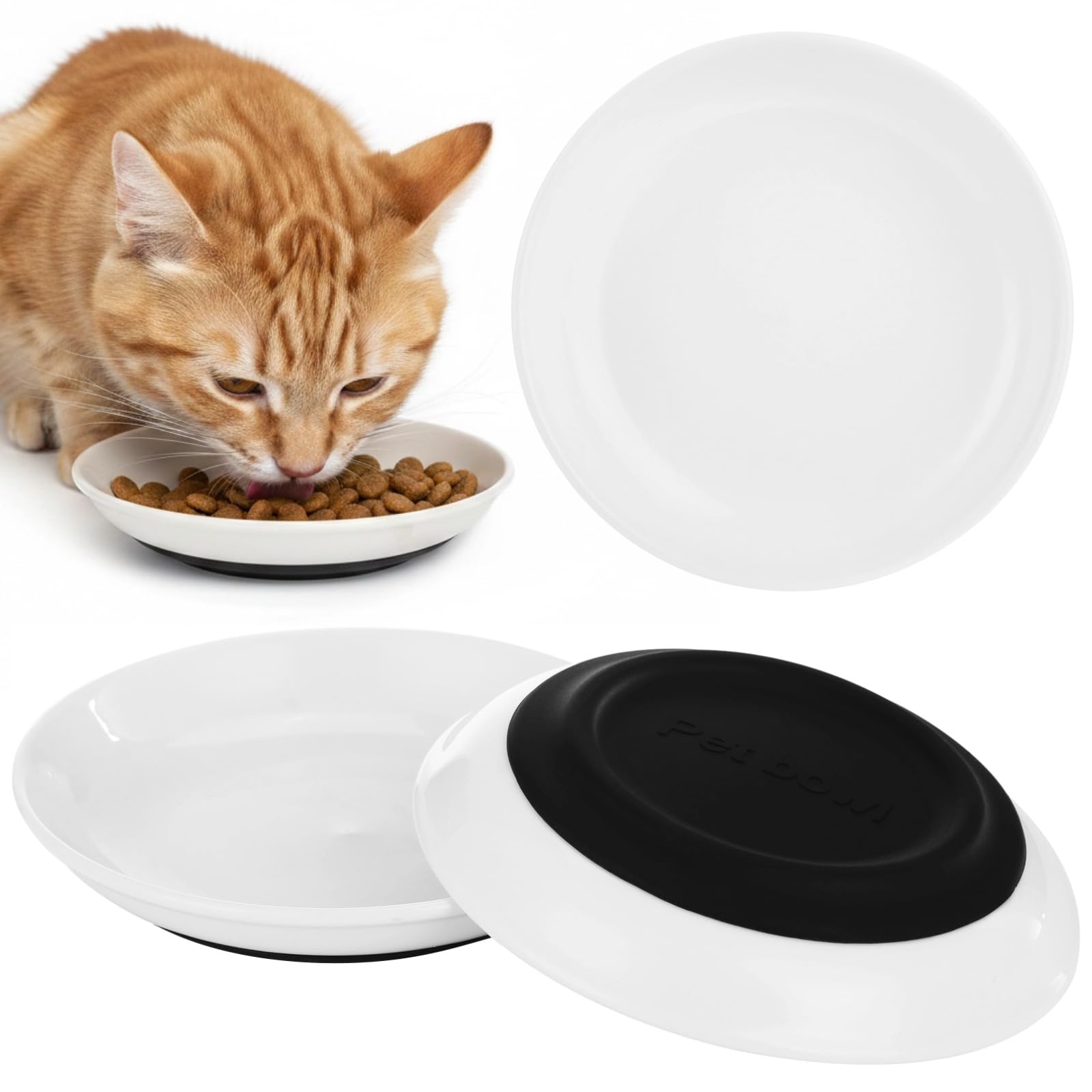 3 Pcs White Ceramic Cat Bowls, Non-slip Silicone Base Easy-Cleaning Pet Food Ceramic Dish, 10 Oz Whisker Friendly Wide Shallow Bowls for Wet & Dry Cat Food, Treats, Water