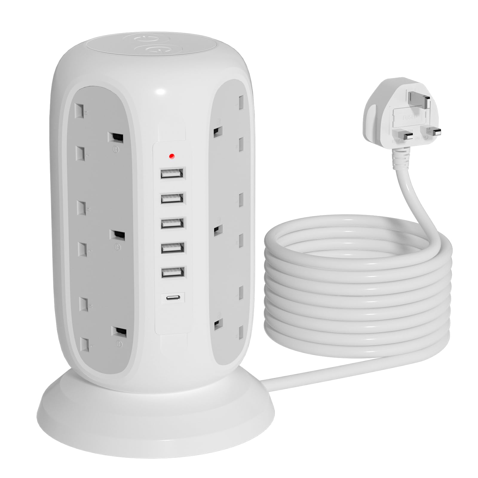 Tower Extension Lead with 5 USB Slots (1 USB C & 4 USB A), Power Extension Tower with 12 AC Outlets, Power Strip Surge Protected Multi Plug with 1.9M Cable for Home, Office, White
