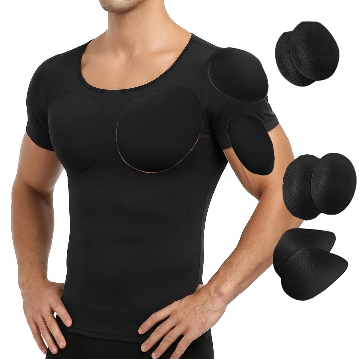 Bslingerie Chemise de compression rembourrée pour homme avec faux renforcement de la poitrine et des épaules, sous-vêtement galbant à manches longues pour l'hiver, noir, tailles S-XXL