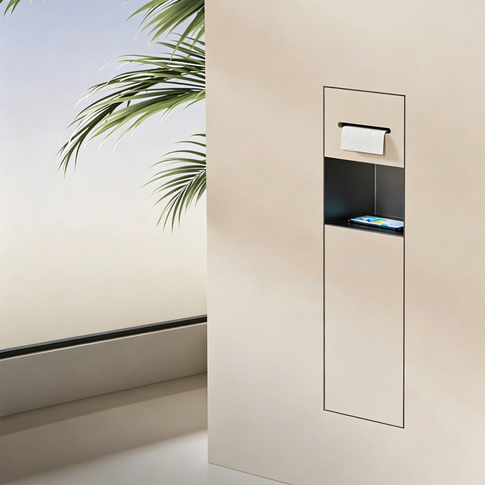 MESCXTY Recessed Wall Niche, 304 SS Toilet Paper Holder with Hidden Trash & Phone Shelf