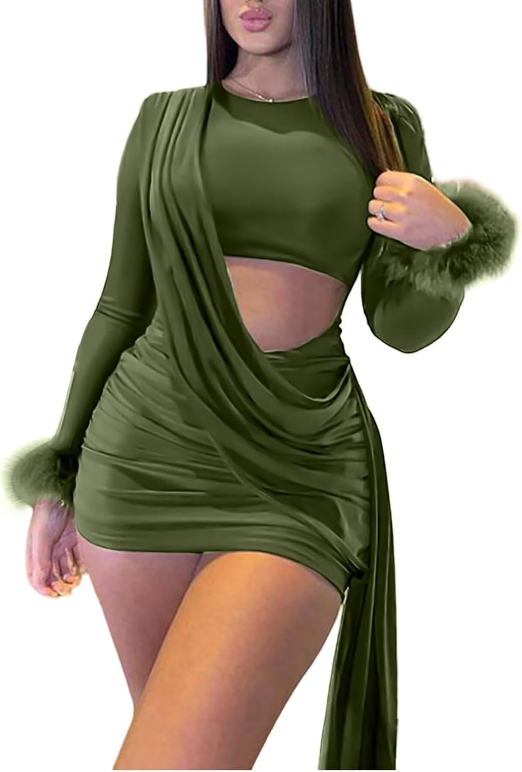 Aro Lora Womens Sexy Ruched Cutout Bodycon Dresses Long Sleeve Fuzzy Cuff Party Club Mini Dress - Image 3