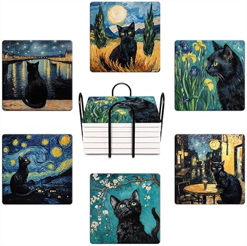 Miniatura 7 de Juego de 6 posavasos para bebidas, color terracota, azul marino, naranja y dorado, arte abstracto moderno, absorbente, redondo, de cerámica, con