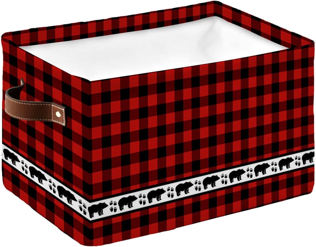 Red Black Plaid Bear Storage Bins 1 Pack, Large Waterproof Storage Baskets for Shelves Closet, Forest Wild Bear Silhouette Storage Basket Foldable Storage Box Cube Storage Organizer with Handles