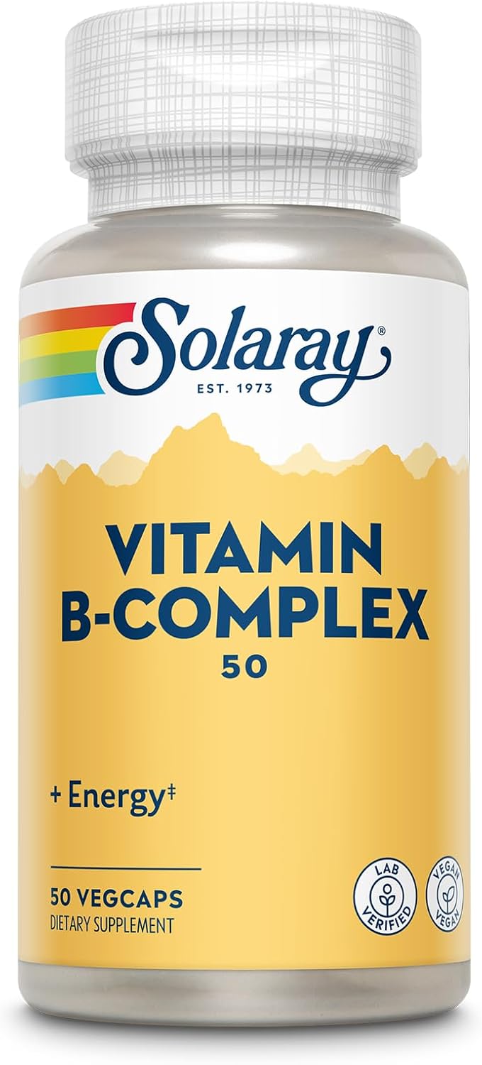 SOLARAY Vitamin B Complex 50 mg - Cellular Energy Vitamins - Metabolism and Nerve Health Support with Vitamin B12, Vitamin B1, B6, Niacin, Folic Acid, Biotin and Other B Vitamins - Vegan, 250 VegCaps