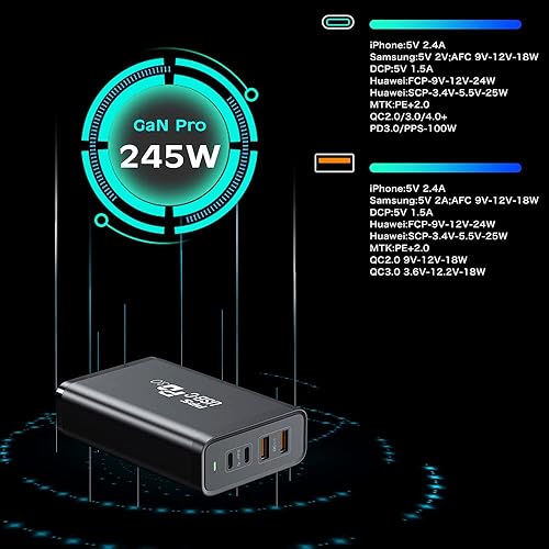 Miniatura 5 de Tobetravel Cargador de escritorio USB C de 245 W, GaN 4 puertos PD 100 W, estación de carga rápida, adaptador de corriente compatible con MacBook