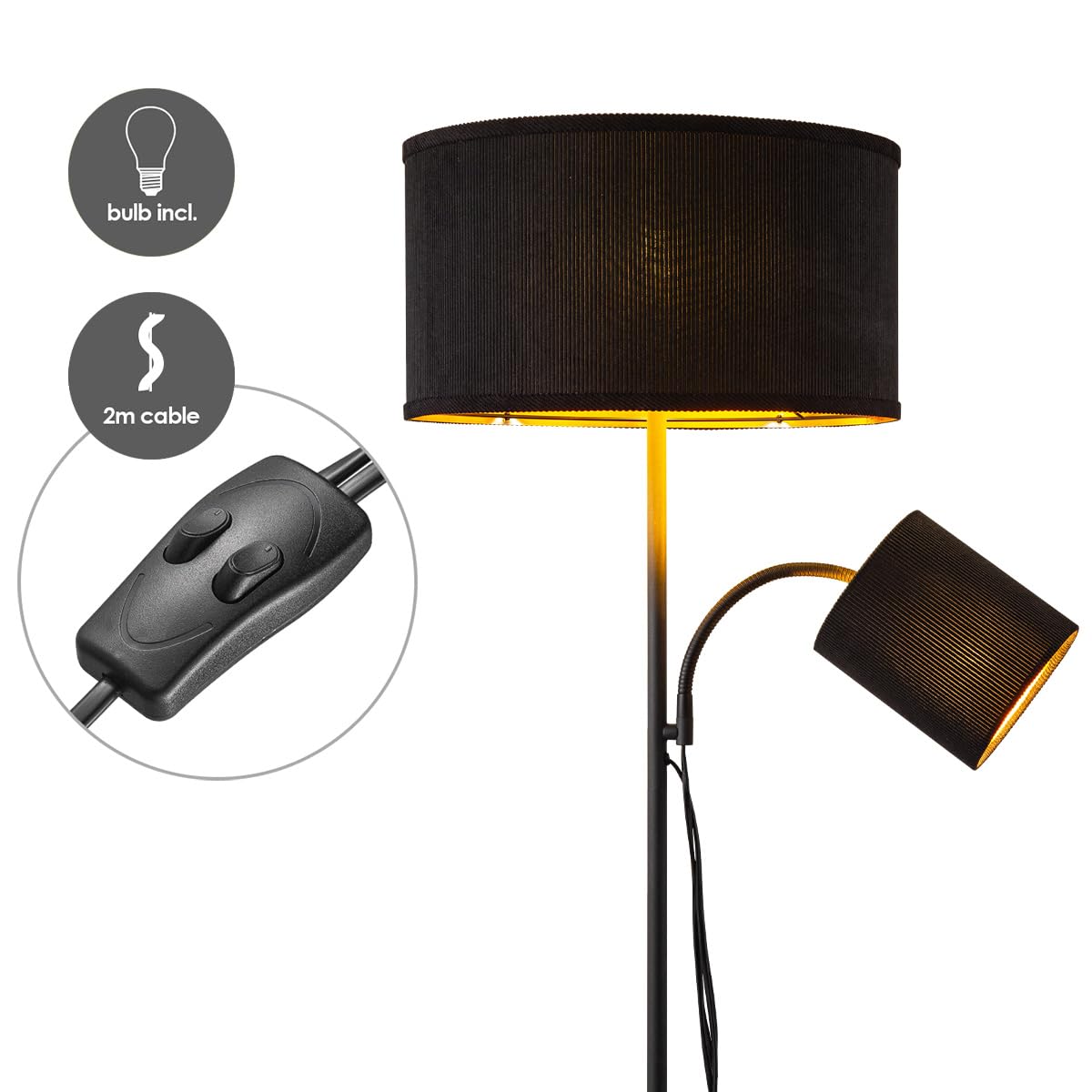 Home Sweet home Stehlampe Schwarz mit Leselampe – 175 cm Stehleuchte mit Corduroy Lampenschirm - 2 LED Leuchtmittel (2700K) - Moderne Standleuchte für Wohnzimmer & Lesen