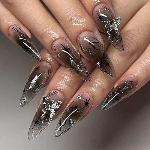 Miniatura 7 de BAOYAALIN - Uñas postizas a presión rojas con diseño de almendra, uñas postizas francesas con diseño de remolino, uñas postizas acrílicas de