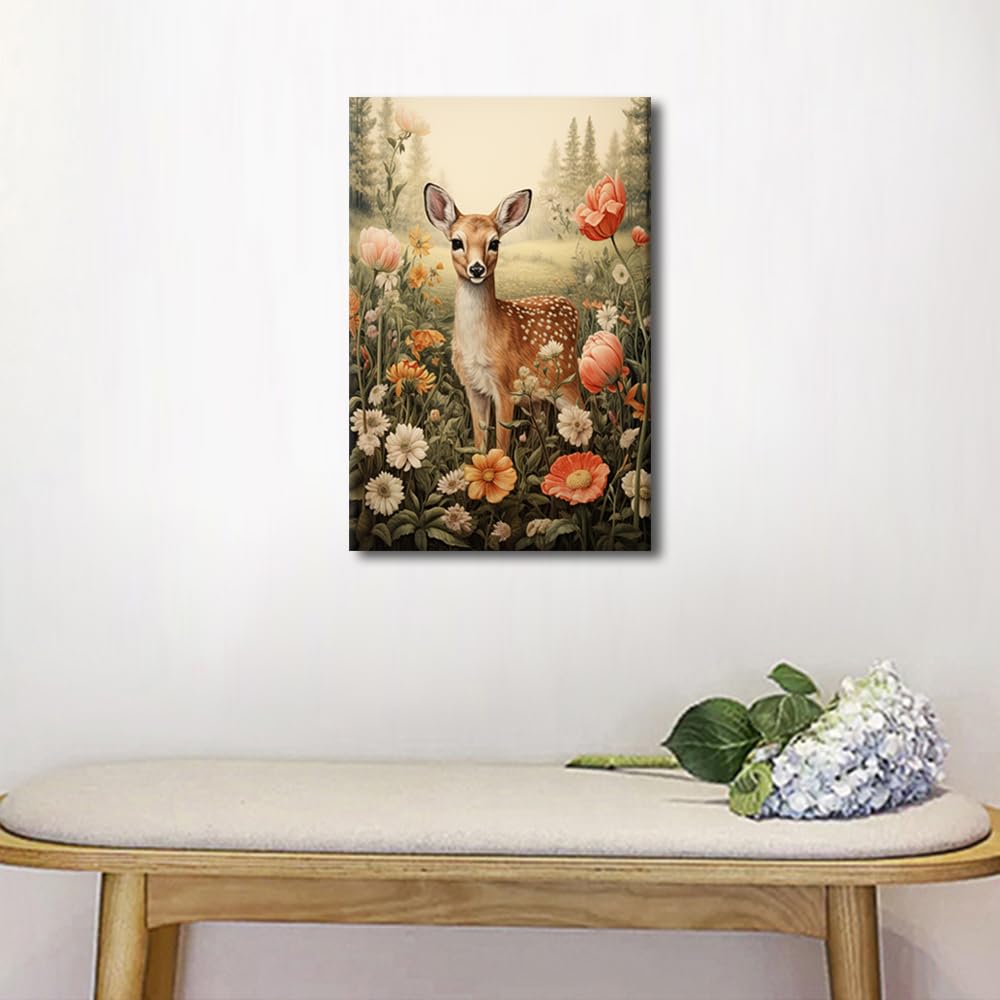 TISHIRON Cute Deer in the Forest with Flowers Wall Art for Living Room Wildlife Canvas Painting Flowers Poster Decorations Artwork Framed Ready to Hang 16" Wx24 Hx1 Panel - Image 3