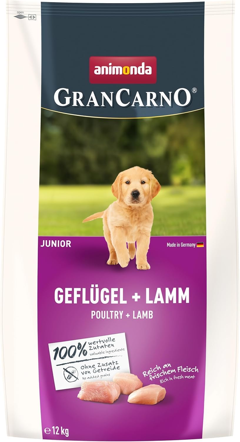 GranCarno Alimento seco Junior Aves de Corral + Cordero (1 x 12 kg), pienso Premium sin Cereales para Perros jóvenes en Crecimiento de animonda