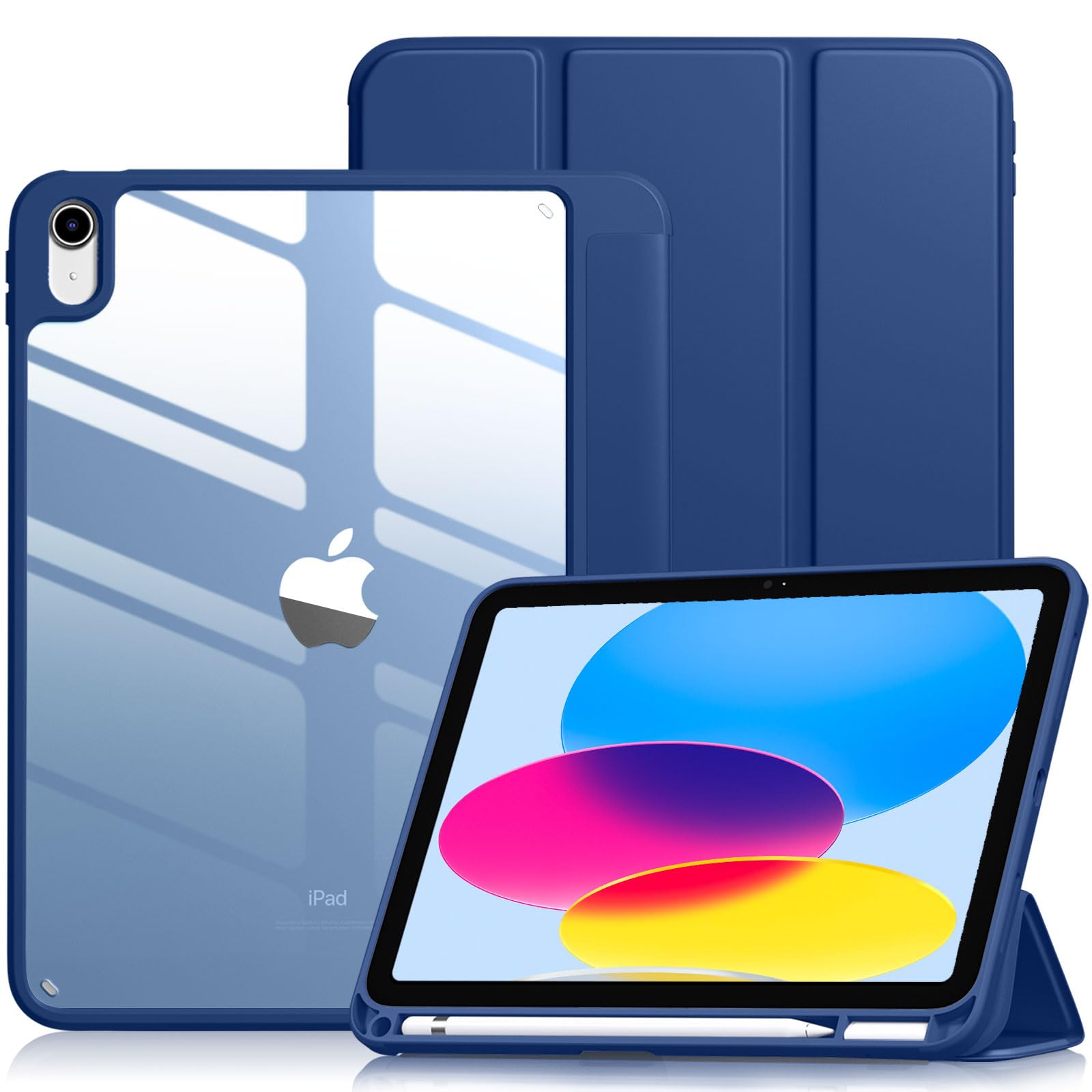 Vobafe Case for iPad (A16) 11th Generation 11 Inch 2025/iPad 10th Generation 10.9 Inch 2022 with Pencil Holder, PC Clear Back Cover, Slim Trifold Stand Case Supports Auto Wake/Sleep, Navy Blue