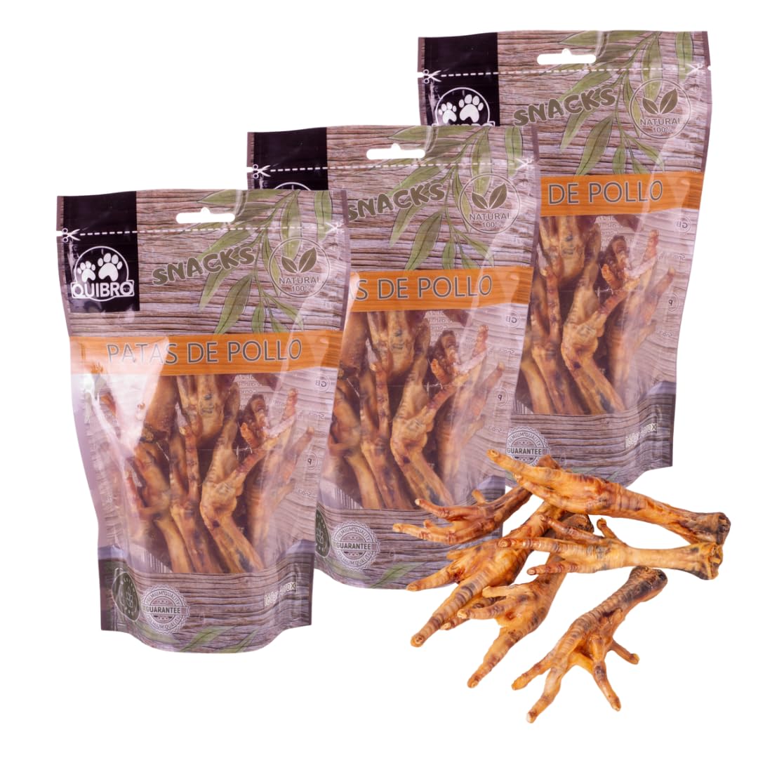 Quibropets Patas de Pollo deshidratadas, 100% Naturales y sin Cereales - Premios hipoalergénicos y saludables – Pack de 3 envases (3x160g) – Total 480g