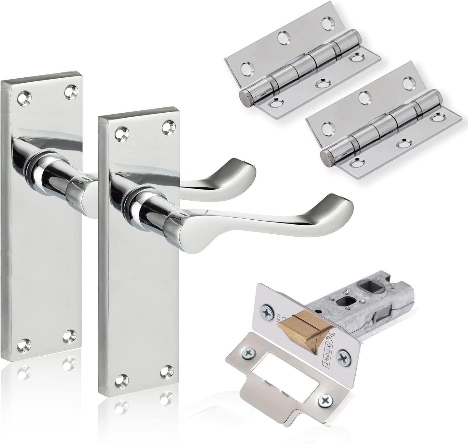 Victorian Door Handle Set, Polished Chrome, 6" Backplate Scroll Lever, Complete with 65mm Latch and 75mm Ball Bearing Hinges