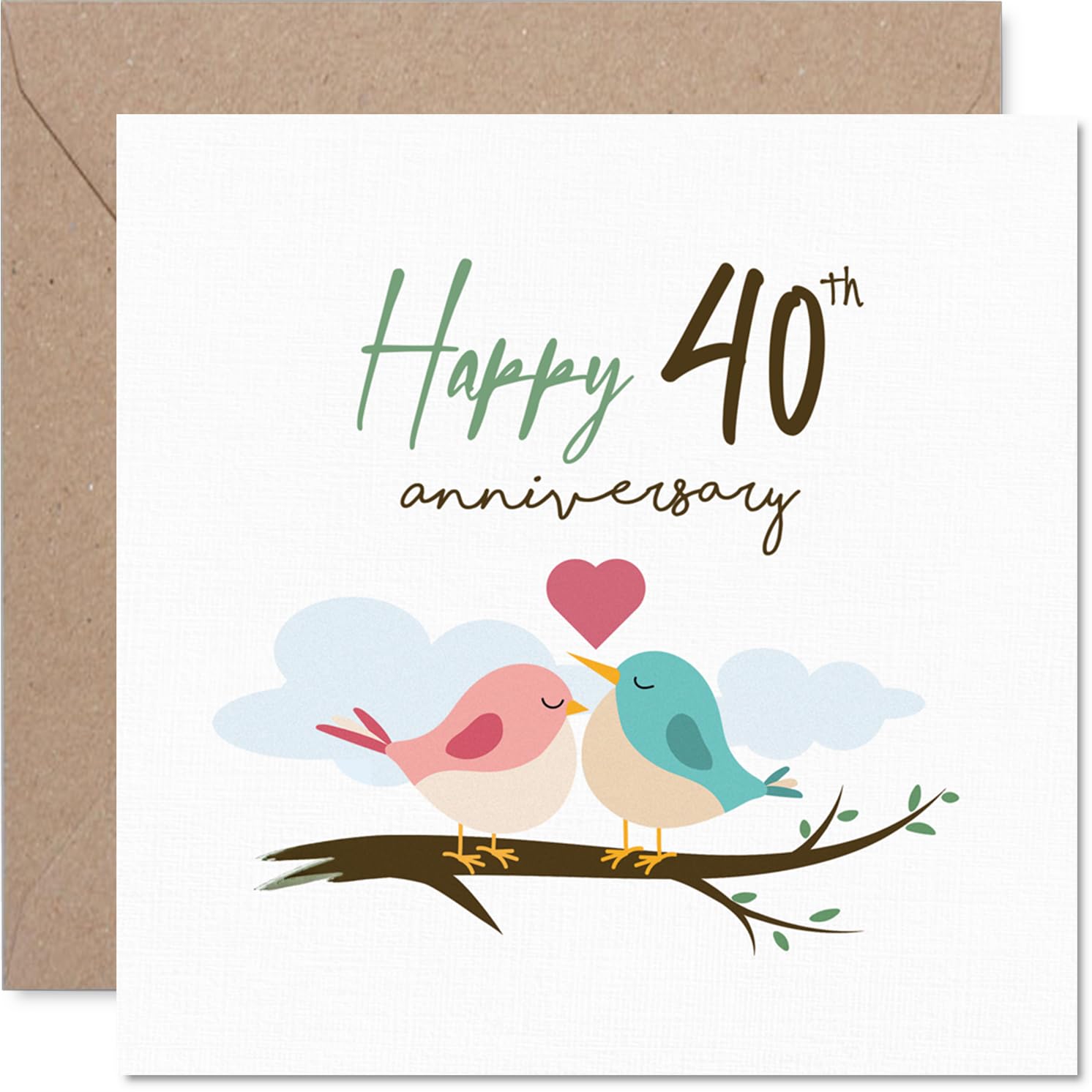 Sentimental 40th Anniversary Card - Two Lovebirds on a Branch - Sweet 40th Motif in Cheerful Pinks and Greens - 145mm Square, Envelope Included