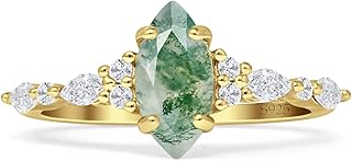 Art Deco Marquise Natural Green Moss Agate Vintage Style Wedding Engagem...