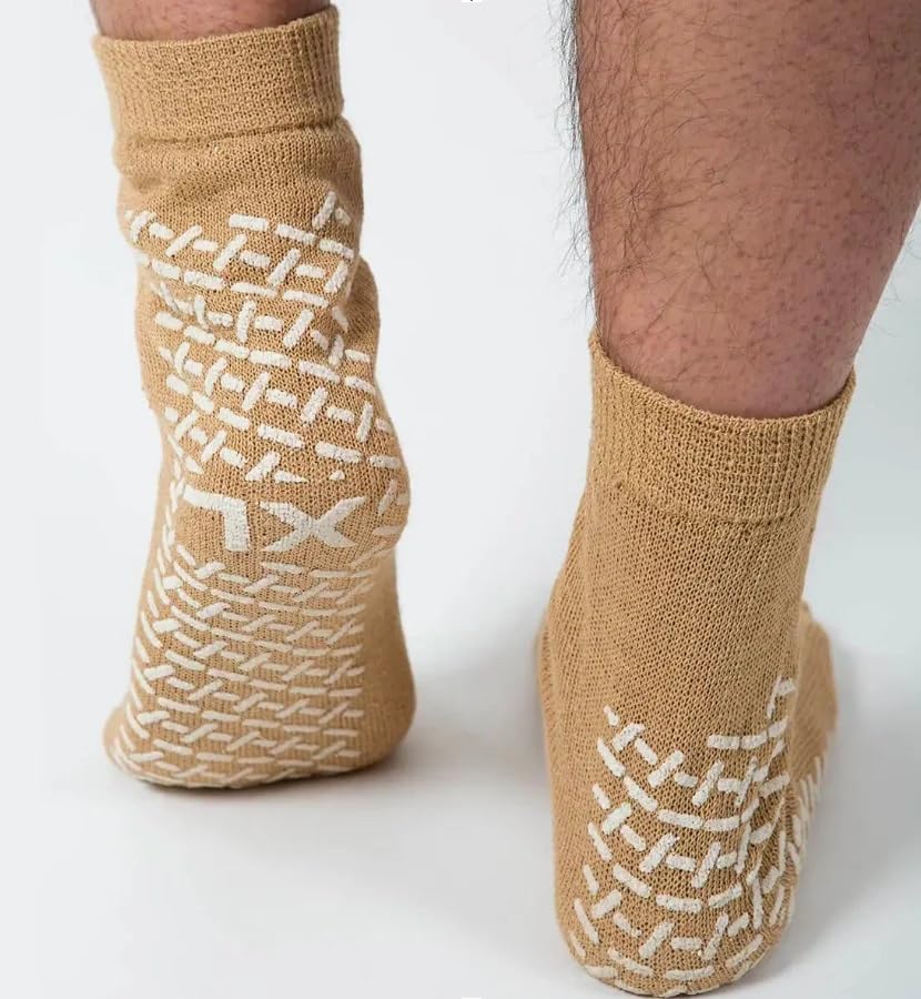 Double Tread Non-Skid Safety Socks – X-Large Beige (4 Pairs) / Unisex | Non-Slip | Hospital, Home, or Yoga Use4