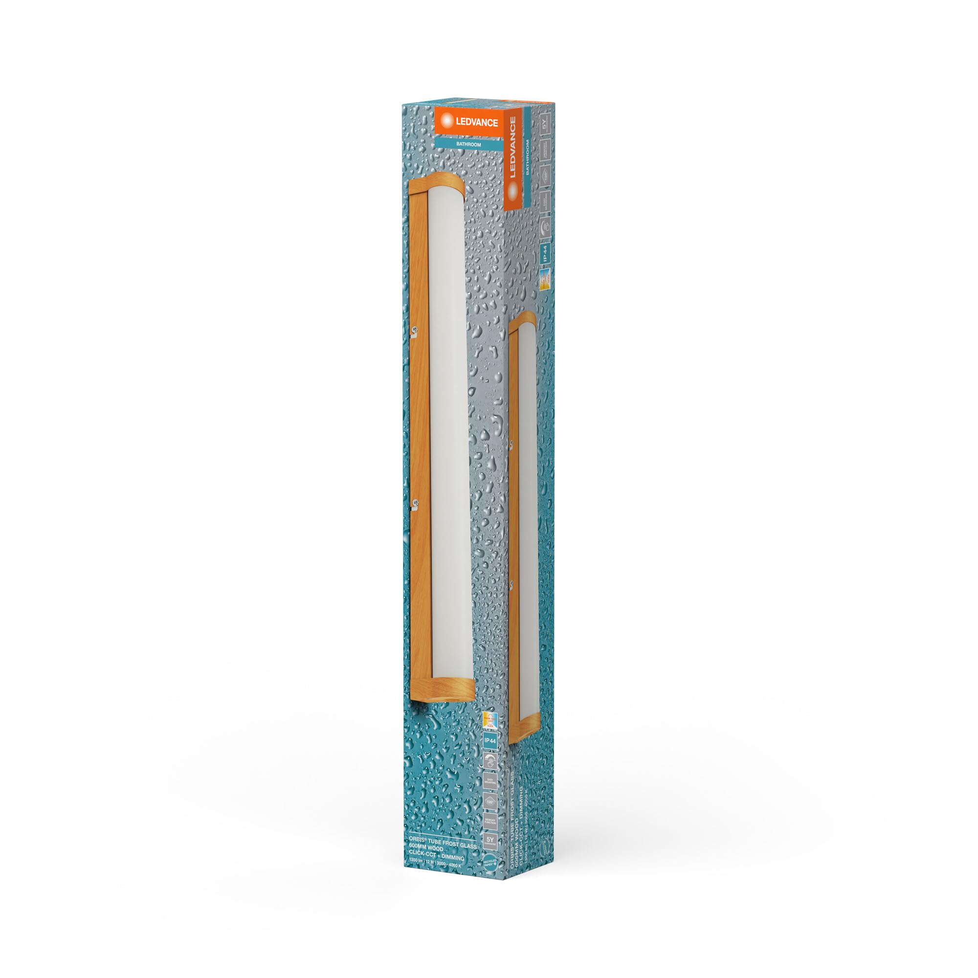 LEDVANCE da parete/specchio LED ORBIS Tube, vetro satinato/decoro legno, 12W, 1200lm, dimmerabile, 3000/4000K, diametro 60cm, protezione IP44 contro corpi estranei/spruzzi d'acqua