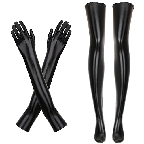 Hi.FANCY Women's Costume Set Sexy Black Elastic Spandex Shiny Long Gloves and Black Thigh High Stockings Long Patent Leather Gloves for Christmas Party, Costume Cosplay