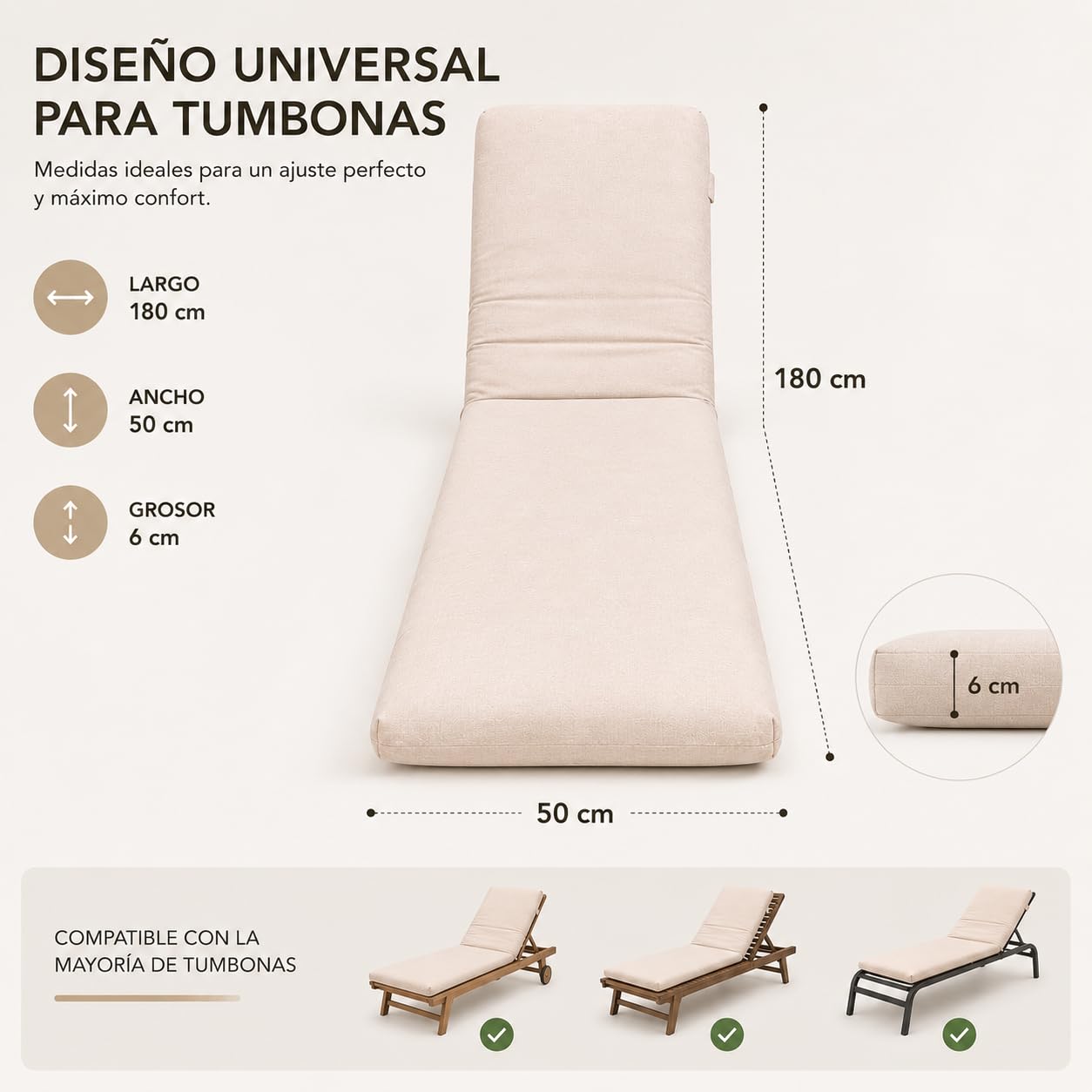 TIENDA EURASIA - Cojin Tumbona Exterior | Pack 2 Colchonetas | Medida 180 x 50 x 6 cm | Funda de Loneta con Cremallera Lavable | Relleno de Fibra Hueca Acolchada (Crudo)