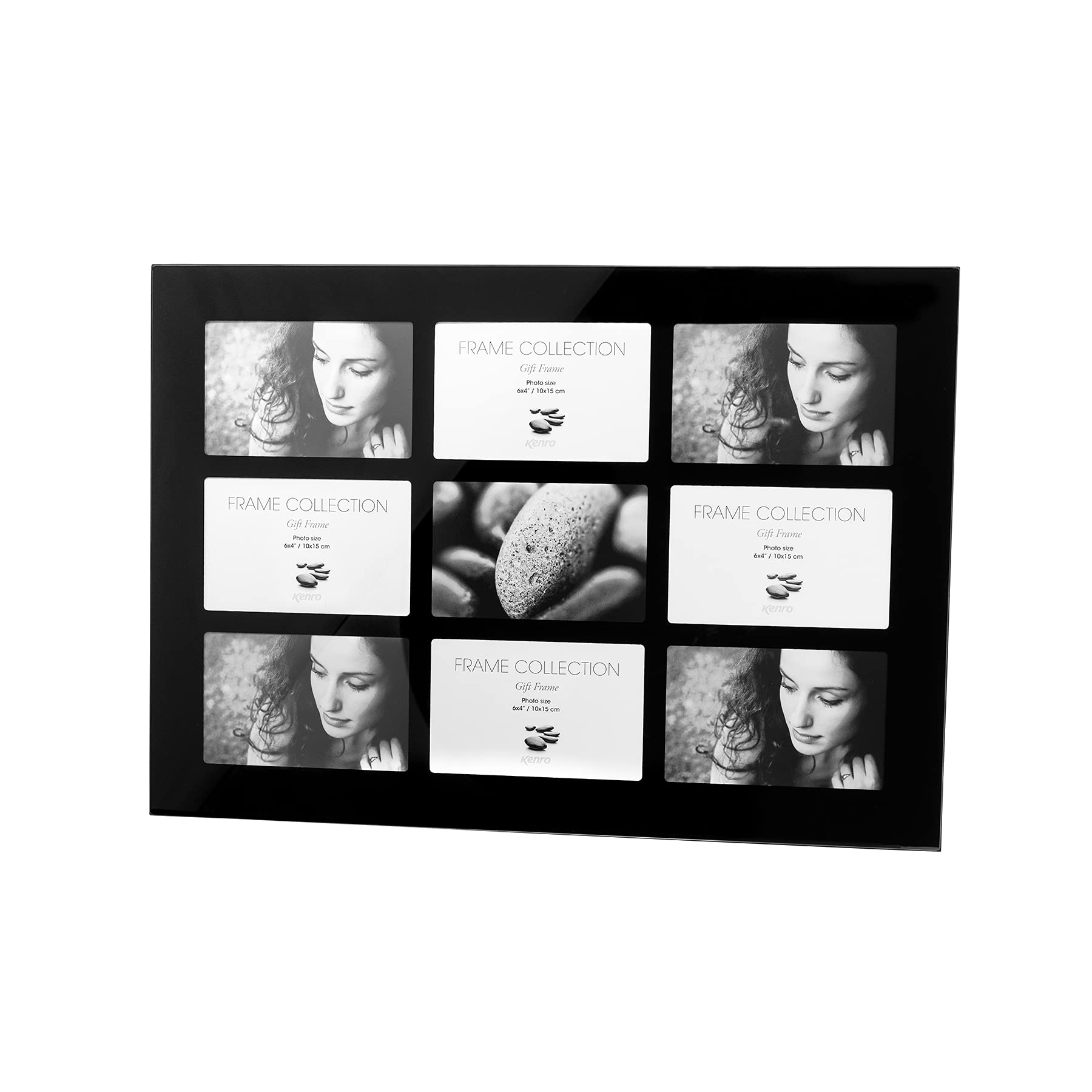 Kenro Black Modern Glass Photo Frame For 9 Photographs 6X4 Inch / 10X15cm Landscape Or Portrait - Bg1015/9