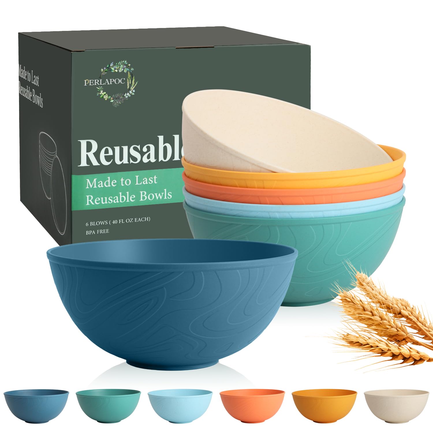Unbreakable Large Cereal Bowls 40 OZ, Wheat Straw Bowls Set of 6, Alternative Plastic Bowls for Kitchen, Outdoors, Microwave &amp; Dishwasher Safe Bowl Set for Salad, Cereal, Soup, Ramen, Multi