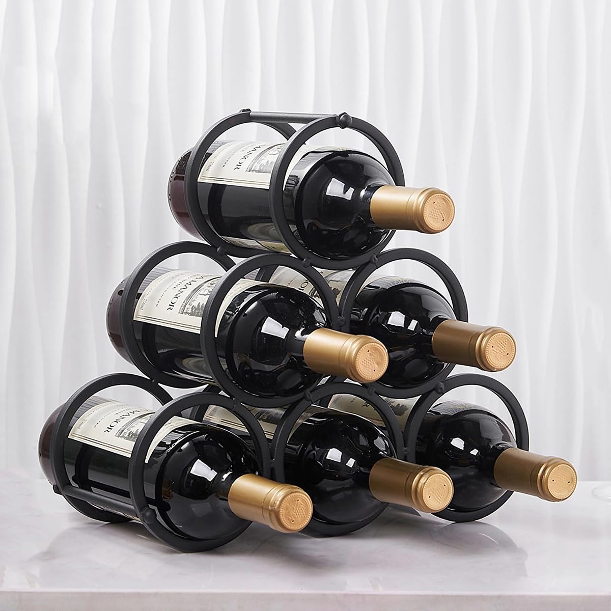 Estante de vino pequeño de mesa para 6 botellas, triangular, soporte independiente para botellas de vino, gabinete de despensa, soporte de almacenamiento de vino, organizador de botellas para 7